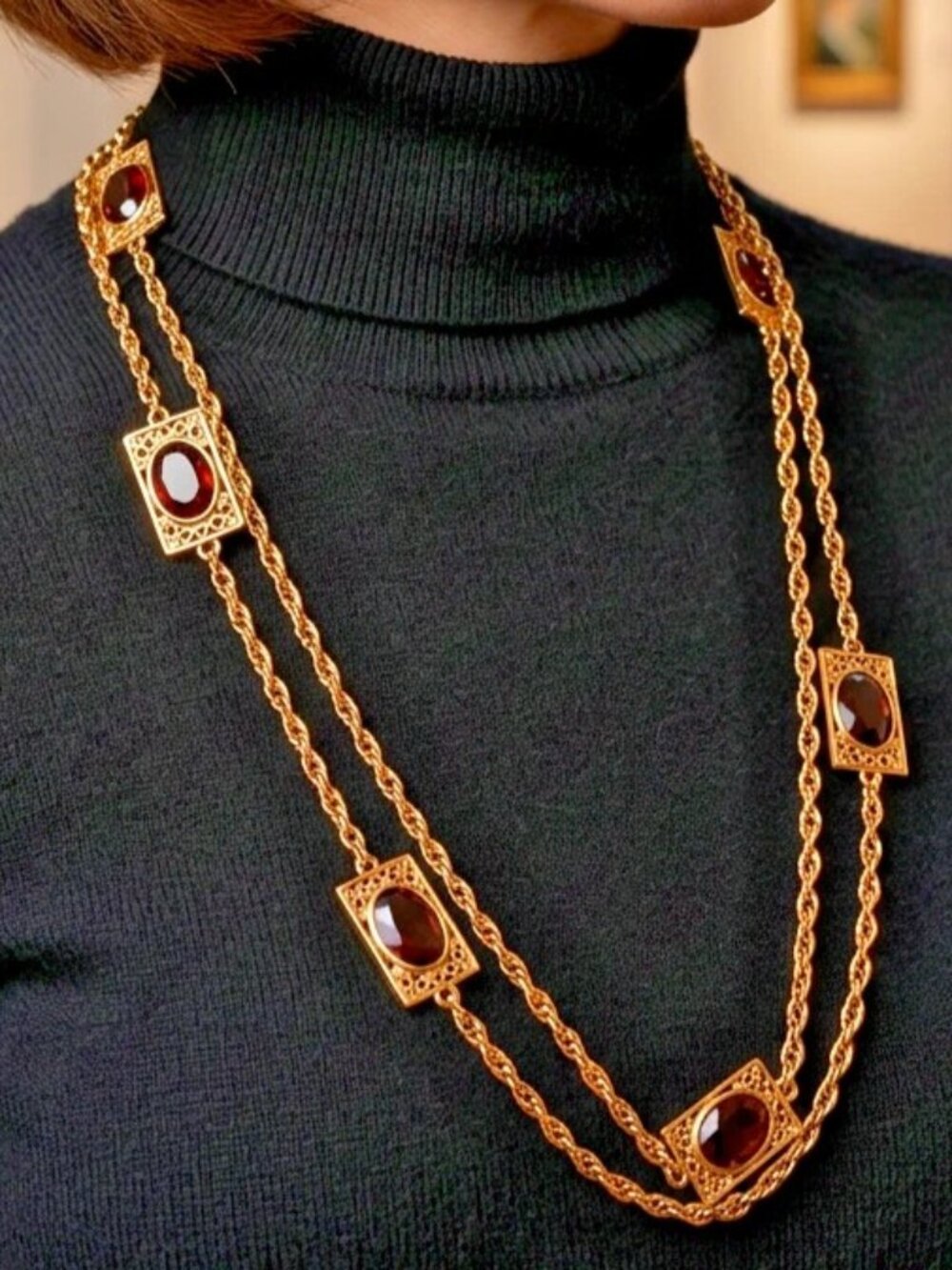 Vintage Signed Emmons Necklace Bezel Set Honey Station Gold Tone Signed 44”